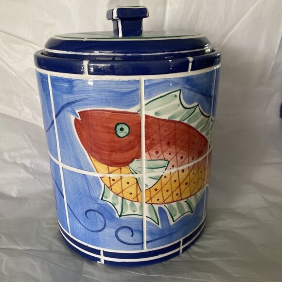 1998 Clay Art Tropical Fish Cookie / Sugar Jar Adriatic Hand Painted South 8.5”​ - Picture 1 of 9